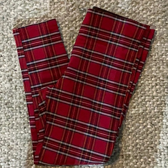 Zara High Waist Red Plaid Zipper Front Stretchy Slim Leg Pant - Picture 6 of 6